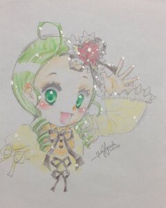 Rating: Safe Score: 0 Tags: 1girl :d ahoge artist_name auto_tagged flower green_eyes green_hair grey_background hair_ornament image kanaria long_sleeves open_mouth photo rose signature simple_background smile solo traditional_media upper_body User: admin