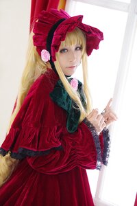 Rating: Safe Score: 0 Tags: 1girl bangs blonde_hair blue_eyes bonnet bow curtains dress flower frills lips long_hair long_sleeves looking_at_viewer red_dress rose shinku solo User: admin