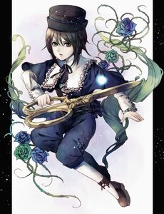 Rating: Safe Score: 0 Tags: 1boy blue_flower blue_rose flower green_eyes hat heterochromia image pants purple_rose ribbon rose solo souseiseki thorns User: admin
