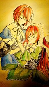 Rating: Safe Score: 0 Tags: 2girls closed_eyes dress hand_on_own_chest image long_hair long_sleeves multiple_girls pair red_hair short_hair sisters smile souseiseki suiseiseki traditional_media User: admin