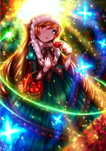 Rating: Safe Score: 0 Tags: 1girl apple brown_hair bug butterfly dress flower food frills fruit green_dress heterochromia holding holding_food holding_fruit image insect long_hair looking_at_viewer open_mouth red_eyes solo strawberry suiseiseki very_long_hair User: admin