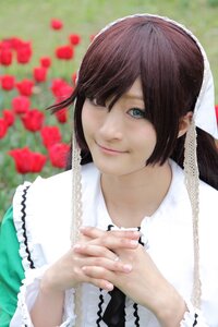 Rating: Safe Score: 0 Tags: 1girl blue_eyes blurry brown_hair depth_of_field dress flower hands_together heterochromia lips looking_at_viewer own_hands_together red_flower red_rose rose smile solo suiseiseki User: admin