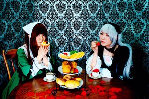Rating: Safe Score: 0 Tags: 2girls apple black_hair blunt_bangs food fruit head_scarf long_hair multiple_cosplay multiple_girls nail_polish plate red_eyes sitting table tagme User: admin