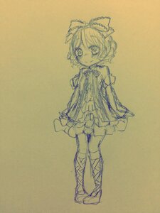Rating: Safe Score: 0 Tags: 1girl blush bow dress eyebrows_visible_through_hair full_body hair_bow hinaichigo image long_sleeves looking_at_viewer monochrome short_hair sketch smile solo standing traditional_media User: admin