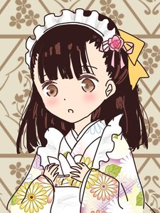 Rating: Safe Score: 0 Tags: 1girl bangs blush brown_eyes brown_hair floral_print flower hair_flower hair_ornament human japanese_clothes kiku kimono long_hair long_sleeves looking_at_viewer maid_headdress parted_lips solo upper_body wa_maid User: admin