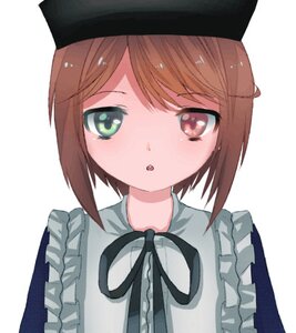 Rating: Safe Score: 0 Tags: 1girl :o apron bangs black_ribbon brown_hair eyebrows_visible_through_hair frills hat image looking_at_viewer ribbon short_hair simple_background solo souseiseki striped swept_bangs upper_body white_background User: admin