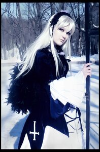 Rating: Safe Score: 0 Tags: 1girl bare_tree black_border cross dress frills letterboxed lips long_hair long_sleeves looking_at_viewer pale_skin snow solo suigintou tree white_hair winter User: admin