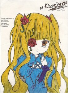 Rating: Safe Score: 0 Tags: 1girl blonde_hair dress eyepatch flower hair_flower hair_ornament image kirakishou long_hair long_sleeves red_flower red_rose rose shikishi simple_background smile solo traditional_media User: admin