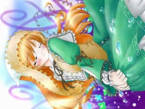 Rating: Safe Score: 0 Tags: 1girl blush brown_hair closed_eyes dress frills green_dress image long_hair long_sleeves orange_hair ribbon smile solo suiseiseki very_long_hair User: admin