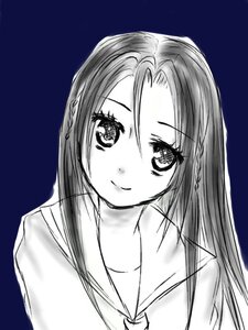 Rating: Safe Score: 0 Tags: 1girl blue_background blush closed_mouth eyebrows_visible_through_hair human long_hair looking_at_viewer monochrome outline school_uniform serafuku simple_background smile solo upper_body white_outline User: admin