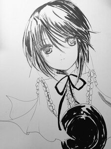 Rating: Safe Score: 0 Tags: 1girl closed_mouth frills greyscale hariruri image looking_at_viewer monochrome neck_ribbon ribbon short_hair solo souseiseki traditional_media upper_body User: admin