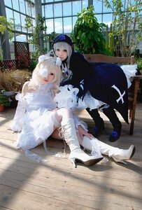 Rating: Safe Score: 0 Tags: 2girls blonde_hair boots dress flower frills hat high_heels indoors long_hair multiple_cosplay multiple_girls sitting tagme window wooden_floor User: admin