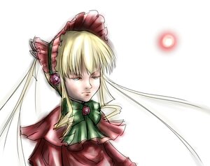 Rating: Safe Score: 0 Tags: 1girl blonde_hair blue_eyes bonnet bow bowtie dress green_bow green_neckwear image long_hair looking_afar red_dress rose shinku simple_background solo twintails white_background User: admin