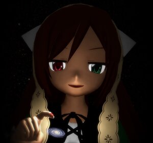 Rating: Safe Score: 0 Tags: 1girl black_background brown_hair dark dark_skin green_eyes heterochromia image looking_at_viewer red_eyes ribbon smile solo suiseiseki User: admin