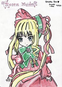 Rating: Safe Score: 0 Tags: 1girl blonde_hair blue_eyes bonnet bow bowtie dated dress green_bow image long_hair long_sleeves looking_at_viewer marker_(medium) photo shinku sidelocks simple_background solo traditional_media white_background User: admin