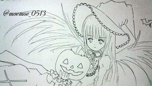 Rating: Safe Score: 0 Tags: 1girl bangs dress eyebrows_visible_through_hair frills hat image long_hair long_sleeves looking_at_viewer monochrome solo suigintou traditional_media twitter_username wings User: admin