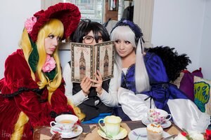Rating: Safe Score: 0 Tags: 2girls black_hair blonde_hair bonnet book cup flower food glasses lips lolita_fashion long_hair multiple_cosplay multiple_girls realistic rose shinku suigintou tagme tea teacup teapot User: admin