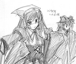 Rating: Safe Score: 0 Tags: 2girls blush dress greyscale hinaichigo image long_sleeves looking_at_viewer monochrome multiple_girls outstretched_arm pair simple_background sketch suiseiseki upper_body white_background User: admin