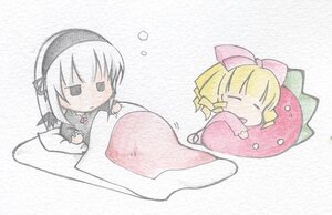 Rating: Safe Score: 0 Tags: 2girls blonde_hair bow chibi closed_eyes hina_ichigo hinaichigo image multiple_girls pair pillow shinku suigintou User: admin