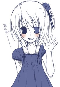 Rating: Safe Score: 0 Tags: 1girl :d bangs blush collarbone dress eyebrows_visible_through_hair flower hair_flower hair_ornament hair_ribbon image looking_at_viewer monochrome one_side_up open_mouth ribbon simple_background smile solo souseiseki white_background User: admin