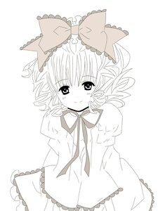 Rating: Safe Score: 0 Tags: 1girl arms_behind_back blush bow dress greyscale hair_bow hinaichigo image monochrome ribbon smile solo striped striped_background vertical_stripes User: admin