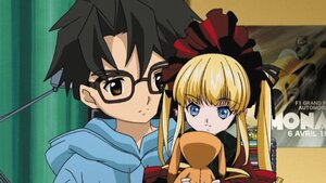 Rating: Safe Score: 0 Tags: 1boy 1girl black_hair blonde_hair blue_eyes bonnet brown_eyes glasses hood hoodie image long_hair shinku sidelocks solo twintails User: admin