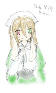 Rating: Safe Score: 0 Tags: 1girl blonde_hair blush character_name english_text eyebrows_visible_through_hair green_eyes heterochromia image long_hair long_sleeves looking_at_viewer red_eyes smile solo suiseiseki very_long_hair white_background User: admin