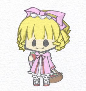 Rating: Safe Score: 0 Tags: 1girl basket black_eyes blonde_hair bow chibi dress drill_hair food fruit full_body hat hina_ichigo hinaichigo holding_fruit image pink_dress pink_shirt short_hair solid_oval_eyes solo standing twin_drills User: admin