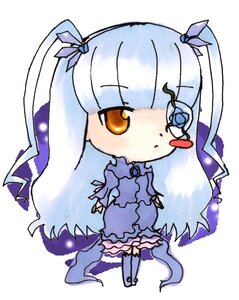 Rating: Safe Score: 0 Tags: 1girl :< bangs barasuishou chibi dress full_body hair_ornament image long_hair long_sleeves solo standing striped thighhighs white_background yellow_eyes User: admin