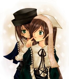 Rating: Safe Score: 0 Tags: 2girls auto_tagged blush brown_hair dress frills green_eyes hair_over_one_eye hat head_scarf image long_hair long_sleeves multiple_girls pair ribbon siblings sisters souseiseki suiseiseki twins User: admin