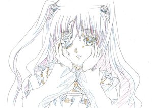 Rating: Safe Score: 0 Tags: 1girl flower hair_flower hair_ornament hands_on_own_cheeks hands_on_own_face image kirakishou long_hair looking_at_viewer monochrome rose simple_background solo traditional_media upper_body white_background User: admin