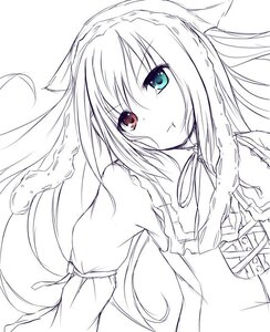 Rating: Safe Score: 0 Tags: 1girl closed_mouth dress eyebrows_visible_through_hair heterochromia image long_hair long_sleeves looking_at_viewer monochrome red_eyes ribbon simple_background solo spot_color suiseiseki upper_body white_background User: admin