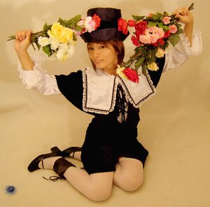 Rating: Safe Score: 0 Tags: 1girl black_dress bouquet dress flower hat high_heels holding kneeling lips long_sleeves red_flower rose shoes short_hair sitting solo souseiseki User: admin