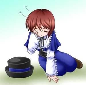 Rating: Safe Score: 0 Tags: 1girl blue_dress brown_hair closed_eyes dress frills hat hat_removed headwear_removed holding_clothes holding_hat image long_sleeves short_hair sitting solo souseiseki User: admin