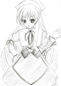 Rating: Safe Score: 0 Tags: 1girl blush dress flying_sweatdrops greyscale hat image long_hair long_sleeves looking_at_viewer monochrome open_mouth ribbon simple_background solo suiseiseki very_long_hair white_background User: admin
