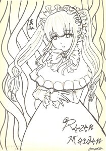 Rating: Safe Score: 0 Tags: 1girl dated dress frills image long_hair long_sleeves looking_at_viewer monochrome ribbon shinku signature solo very_long_hair User: admin