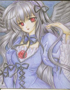 Rating: Safe Score: 0 Tags: 1girl acrylic_paint_(medium) blue_dress colored_pencil_(medium) dress flower frills hair_ribbon image long_hair long_sleeves looking_at_viewer marker_(medium) pastel_(medium) puffy_sleeves red_eyes ribbon rose shikishi solo suigintou traditional_media upper_body very_long_hair wings User: admin