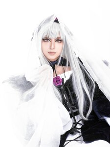 Rating: Safe Score: 0 Tags: 1girl bangs choker dress flower gothic_lolita lips lolita_fashion long_hair red_eyes rose solo striped suigintou white_background User: admin