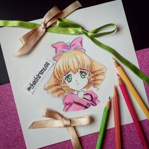 Rating: Safe Score: 0 Tags: 1girl :< blonde_hair bow dress drill_hair frown green_eyes hair_bow hina_ichigo hinaichigo image pink_bow solo tears traditional_media User: admin
