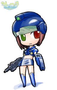 Rating: Safe Score: 0 Tags: 1girl brown_hair chibi full_body green_eyes gun heterochromia image mecha_musume midriff personification short_hair skirt solo souseiseki standing thighhighs weapon User: admin