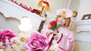 Rating: Safe Score: 0 Tags: 1girl blonde_hair blue_eyes blurry bouquet depth_of_field dress flower frills hinaichigo pink_flower pink_rose rose solo User: admin