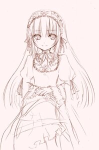Rating: Safe Score: 0 Tags: 1girl bangs closed_mouth dress eyebrows_visible_through_hair frills hairband image long_hair long_sleeves looking_at_viewer monochrome ribbon simple_background sketch smile solo suigintou very_long_hair User: admin