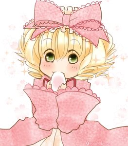 Rating: Safe Score: 0 Tags: 1girl blonde_hair blush bow eating food green_eyes hair_bow hina_ichigo hinaichigo image pink_bow pink_dress ribbon solo sparkle wide_sleeves User: admin