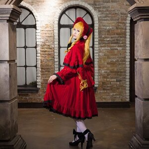 Rating: Safe Score: 0 Tags: 1girl black_footwear blonde_hair bonnet dress high_heels indoors long_hair long_sleeves pantyhose red_dress shinku shoes solo standing white_legwear window User: admin