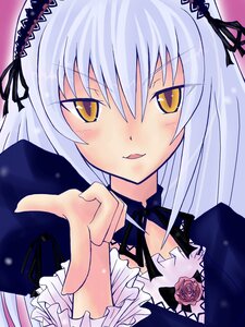 Rating: Safe Score: 0 Tags: 1girl black_ribbon blush detached_collar dress flower frills hairband image index_finger_raised lolita_fashion long_hair long_sleeves looking_at_viewer neck_ribbon pointing ribbon rose silver_hair smile solo suigintou upper_body yellow_eyes User: admin