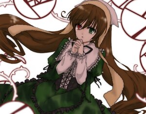 Rating: Safe Score: 0 Tags: 1girl brown_hair dress frills green_dress green_eyes hat heterochromia image interlocked_fingers long_hair long_sleeves looking_at_viewer red_eyes simple_background solo suiseiseki tears very_long_hair white_background User: admin