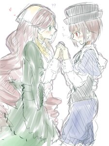Rating: Safe Score: 0 Tags: 2girls blush brown_hair dress hat holding_hands image interlocked_fingers long_hair long_sleeves looking_at_another multiple_girls pair red_eyes short_hair sketch souseiseki suiseiseki umbrella yuri User: admin