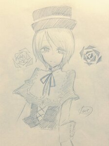 Rating: Safe Score: 0 Tags: 1girl auto_tagged bangs capelet closed_mouth eyebrows_visible_through_hair hat image long_sleeves looking_at_viewer monochrome neck_ribbon ribbon short_hair signature sketch solo souseiseki traditional_media upper_body User: admin