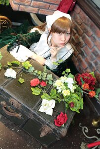 Rating: Safe Score: 0 Tags: 1girl bouquet brown_hair dress flower hat heterochromia lips long_hair red_eyes red_flower red_rose rose solo suiseiseki User: admin