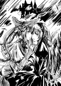 Rating: Safe Score: 0 Tags: 2girls akemi_homura akuma_homura blush dress feathers greyscale hairband holding_hands image long_hair looking_at_another monochrome multiple_girls pair shinku suigintou yuri User: admin